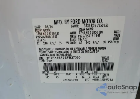 2014 Ford F150 Super Cab z USA, uszkodzony, nr VIN 1FTFX1EF9EFB27360